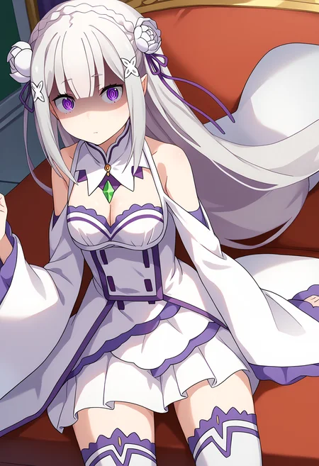 score_9, score_8_up, score_7_up, source_anime,
BREAK
1girl, solo,
<lora:shiEmiliaV2:1> shimilia, long hair, grey hair, purple eyes, pointy ears, crown braid, hair flower, hair ribbon, purple ribbon, x hair ornament, white dress, cleavage, bare shoulders, wide sleeves, white thighhighs, thigh boots,
<lora:shiShadedFaceV1:0.8>, shishadedface, shaded face,