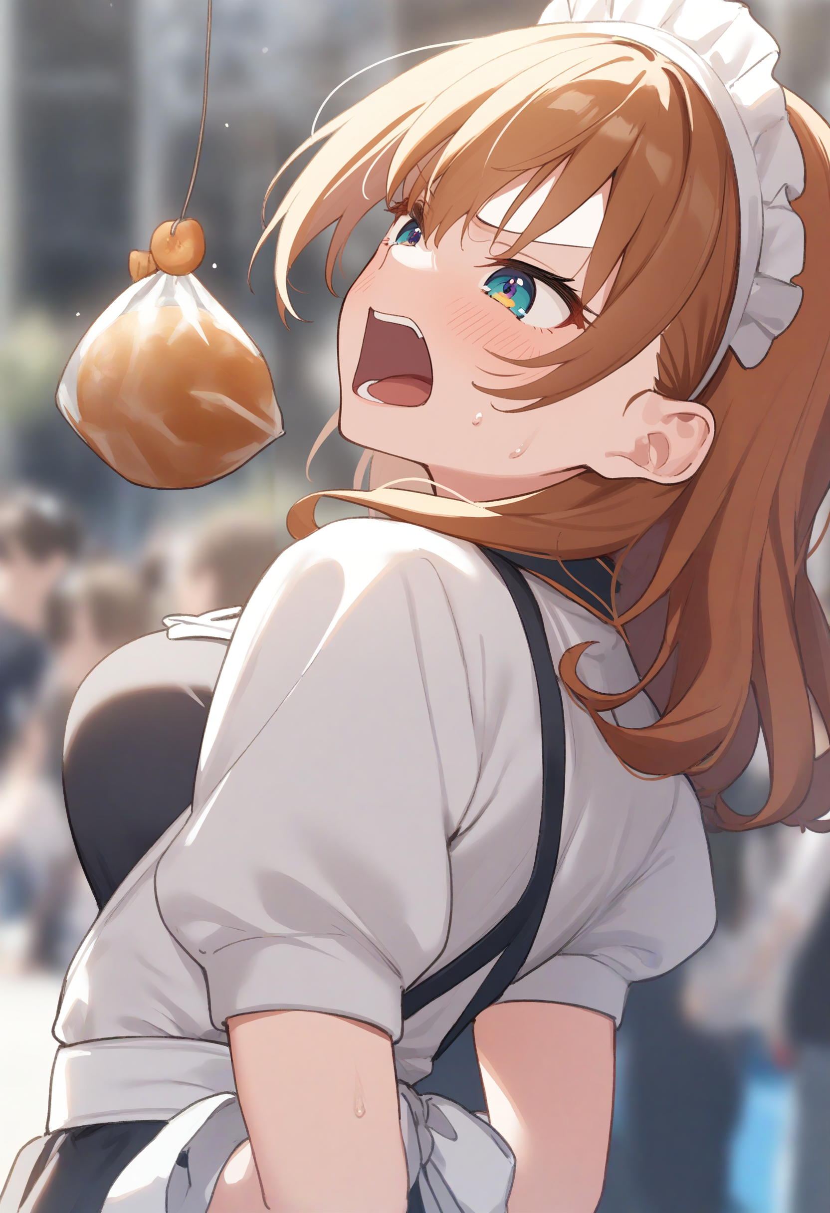 1girl,sincos, ningen mame, toosaka asagi,solo,medium breasts,20yo,maid,maid headdress,
bread eating race,sports festival,bread,arms behind back,<lora:breadeatingrace_XL_v1:0.8>
open mouth, bouncing breasts, plastic bag,
from behind, portrait, looking down, orange hair, brown eyes,angry, closed mouth, french hair,,
best quality, very aesthetic, absurdres