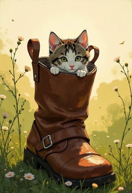 An illustrated closeup scene of a kitten inside an old leather boot. The kitten is curious but shy. It is peeking its head out of the top of the boot. The boot is made of brown leather. It is old and worn. The boot is in a grassy field with flowering weeds. It is outdoors during mid day. The lighting is soft. Highest quality, best quality, masterpiece.