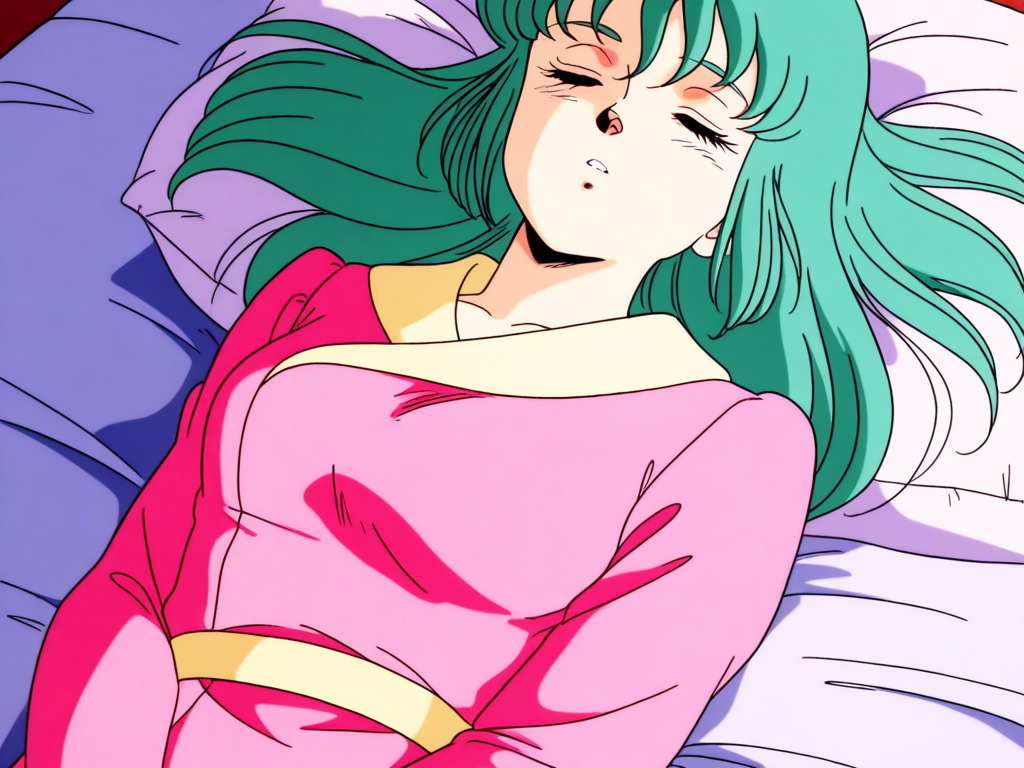 general,highres, ultra-detailed,very aesthetic,best quality ,best hands, BREAK <lora:Ciela_Lapana_gown_IS:0.8>
Ciela_Lapana(gown), 1girl, solo,  long hair, green hair, bangs, medium breasts,
pink gown, robe,
1980s (style), anime coloring,
sleeping, closed eyes, lying, parted lips, v arms,
bed,