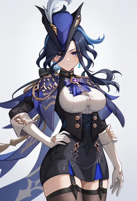 score_9,score_8_up,score_7_up,<lora:clorinde_pony:1>,1girl, solo, large_breasts, vision_\(genshin_impact\), earrings, absurdres, highres, hat_feather, hand_on_own_hip, blue_hat, blue_cape, clorinde_\(genshin_impact\), looking_at_viewer, corset, white_gloves, tricorne