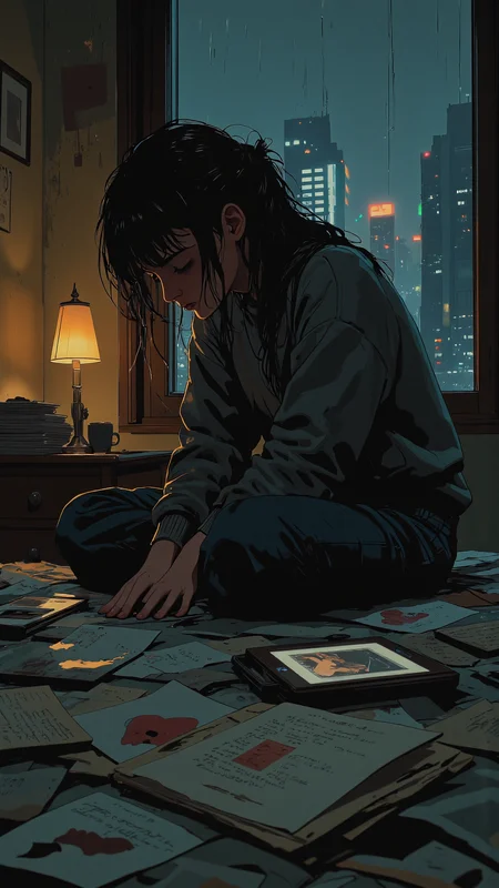 Young woman with long, unkempt dark hair, hunched on the edge of her bed, gripping her sweater sleeve, swollen eyes from crying. Scattered old letters and photographs, face-down cracked picture frame, glowing phone with unread messages. Raindrops sliding down the window, blurred city lights beyond. A bedside lamp emits a warm, golden light, contrasting with the cool, melancholic atmosphere. Heavy emotion, heartbreak pressing against her like an unseen weight