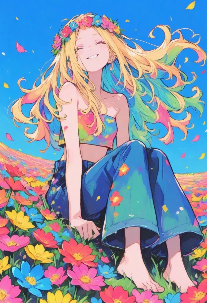 1 girl , hippie , pant , flowerchild girl , flower crown ,Hair Wreath , long hair , strapless cropped top , flower ,colorful , vibrant , sitting , barefoot , flower field , blue sky , flowing hair , cheerful , wind , flower petal ,
masterpiece, best quality ,amazing quality ,S4bit4mago_illu , xxx667_illu ,Protoneon , ma1ma1helmes_b_illu,