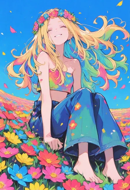 1 girl , hippie , pant , flowerchild girl , flower crown ,Hair Wreath , long hair , strapless cropped top , flower ,colorful , vibrant , sitting , barefoot , flower field , blue sky , flowing hair , cheerful , wind , flower petal ,
masterpiece, best quality ,amazing quality ,S4bit4mago_illu , xxx667_illu ,Protoneon  , ma1ma1helmes_b_illu,