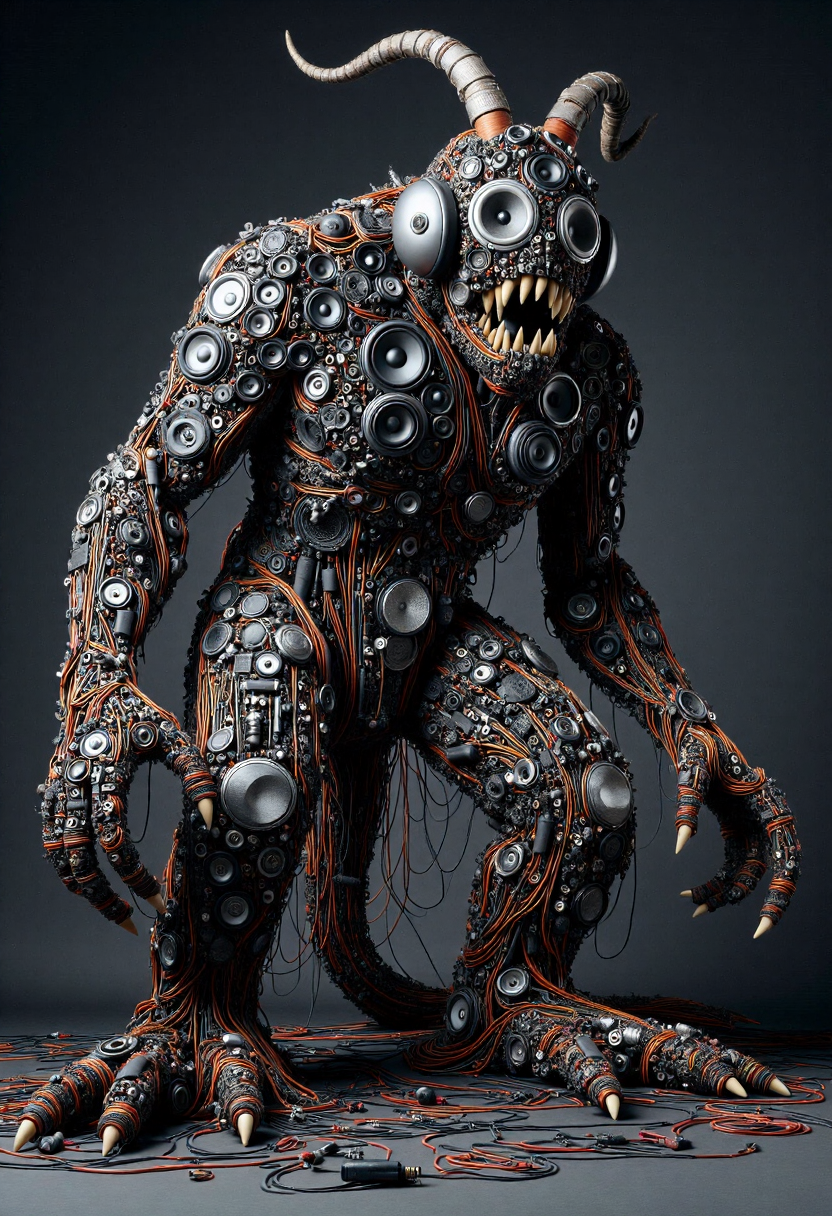 <lora:Audio_Artisan_FLUX:0.9>
Realistic photo of a monster made entirely of various electronic components and audio equipment.