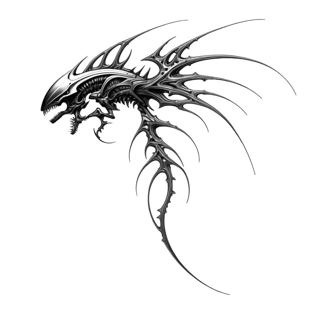<lora:Cyber_Sigilism:1> masterpiece, best quality, giger, cyborg, cyperpunk machine, biomachine, bio, science fiction, mecha, futuristic spaceship, cybersigilism, bones, sketch, greyscale, monochrome, highlights, white background, simple background, solo, blood, fangs, claws
