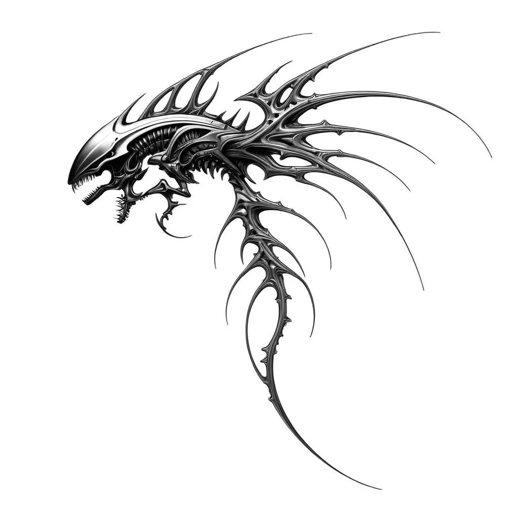 <lora:Cyber_Sigilism:1> masterpiece, best quality, giger, cyborg, cyperpunk machine, biomachine, bio, science fiction, mecha, futuristic spaceship, cybersigilism, bones, sketch, greyscale, monochrome, highlights, white background, simple background, solo, blood, fangs, claws