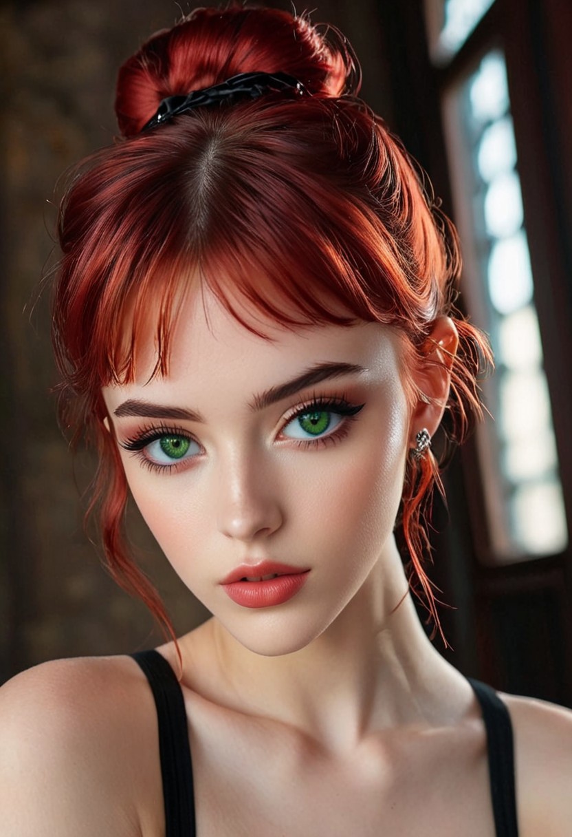 20 year old Turkish girl, green eyes, pale skin, puffy lips, makeup, eye contact, hairclip, light red hair, very short hair, hair up, double bun, hair flaps, asymmetrical bangs, long bangs, x hair ornament, dark red lips, red eyeshadow, mascara, eyeliner, stud earrings, piercing, blush, flat chest, epic action, Unreal Engine, cinematic award winning artwork, many details, extreme detailed, full of details,Wide range of colors., dramatic, Dynamic,Cinematic,Sharp details, Insane quality. Insane resolution. Insane details. Masterpiece. 32k resolution. casting shadow style, cucoloris patterned illumination, <lora:add-detail-xl:1>