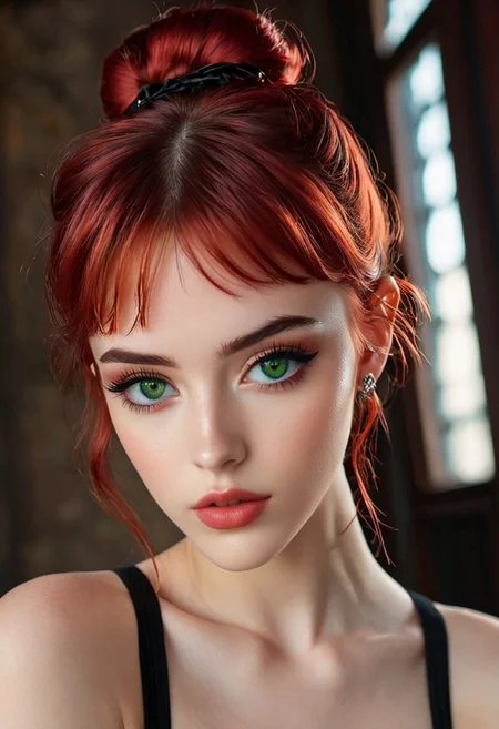 20 year old Turkish girl, green eyes, pale skin, puffy lips, makeup, eye contact, hairclip, light red hair, very short hair, hair up, double bun, hair flaps, asymmetrical bangs, long bangs, x hair ornament, dark red lips, red eyeshadow, mascara, eyeliner, stud earrings, piercing, blush, flat chest, epic action, Unreal Engine, cinematic award winning artwork, many details, extreme detailed, full of details,Wide range of colors., dramatic, Dynamic,Cinematic,Sharp details, Insane quality. Insane resolution. Insane details. Masterpiece. 32k resolution. casting shadow style, cucoloris patterned illumination, <lora:add-detail-xl:1>