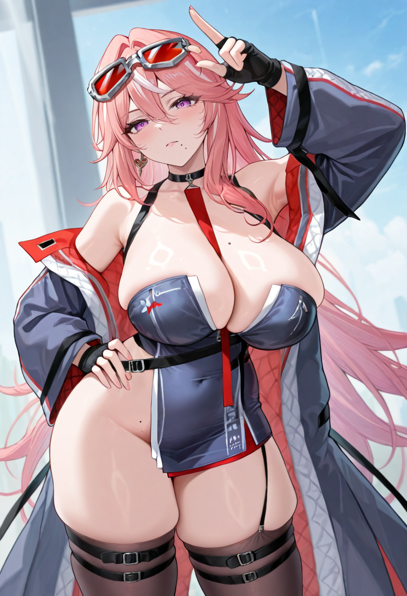 masterpiece, best quality, amazing quality, very aesthetic, absurdres, newest,
<lora:Franklin_Azur_Lane:1> franklindefof, 1girl, long hair, pink hair, streaked hair, white hair, purple eyes, cleavage, no panties, garter straps, mole, thighhighs, skindentation, jacket, eyewear on head, fingerless gloves, necktie, pubic hair peek, storm sea, dynamic, action
