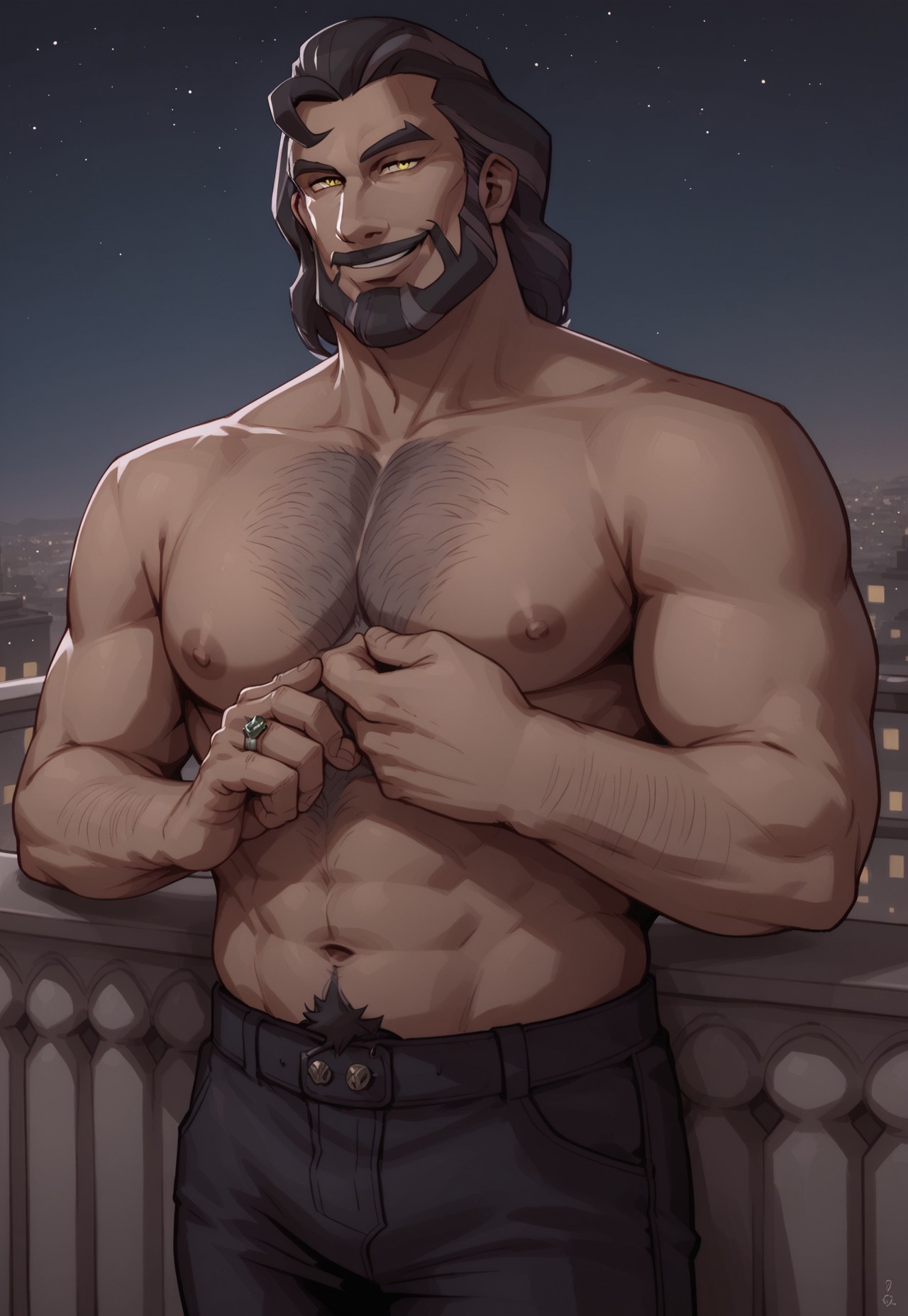 safe_pos, score_9, score_8_up, Andromachos, medium hair, beard, facial hair, yellow eyes, smirk, looking at viewer, balcony, night, stars, city in the background, (leaning in front of the balcony, dynamic pose, dutch angle), ring,  ((hands squeezing pecs)), sexy posing, topless, hairy, hairy chest, big pecs, Expressiveh,
