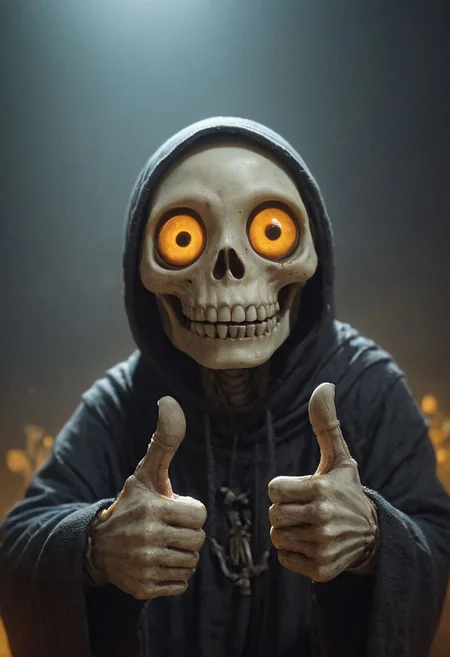 Closeup, thumb-up, Envision a whimsical fantasy world where a derpy and cute hooded skeleton takes center stage. Picture the undead with a mischievous charm, its translucent eyes reflecting a vibrant translucent amber glow. Thumb Up Pose,
very detailed, hd, RAW photograph, masterpiece, top quality, best quality, official art,highest detailed, atmospheric lighting, cinematic composition,
