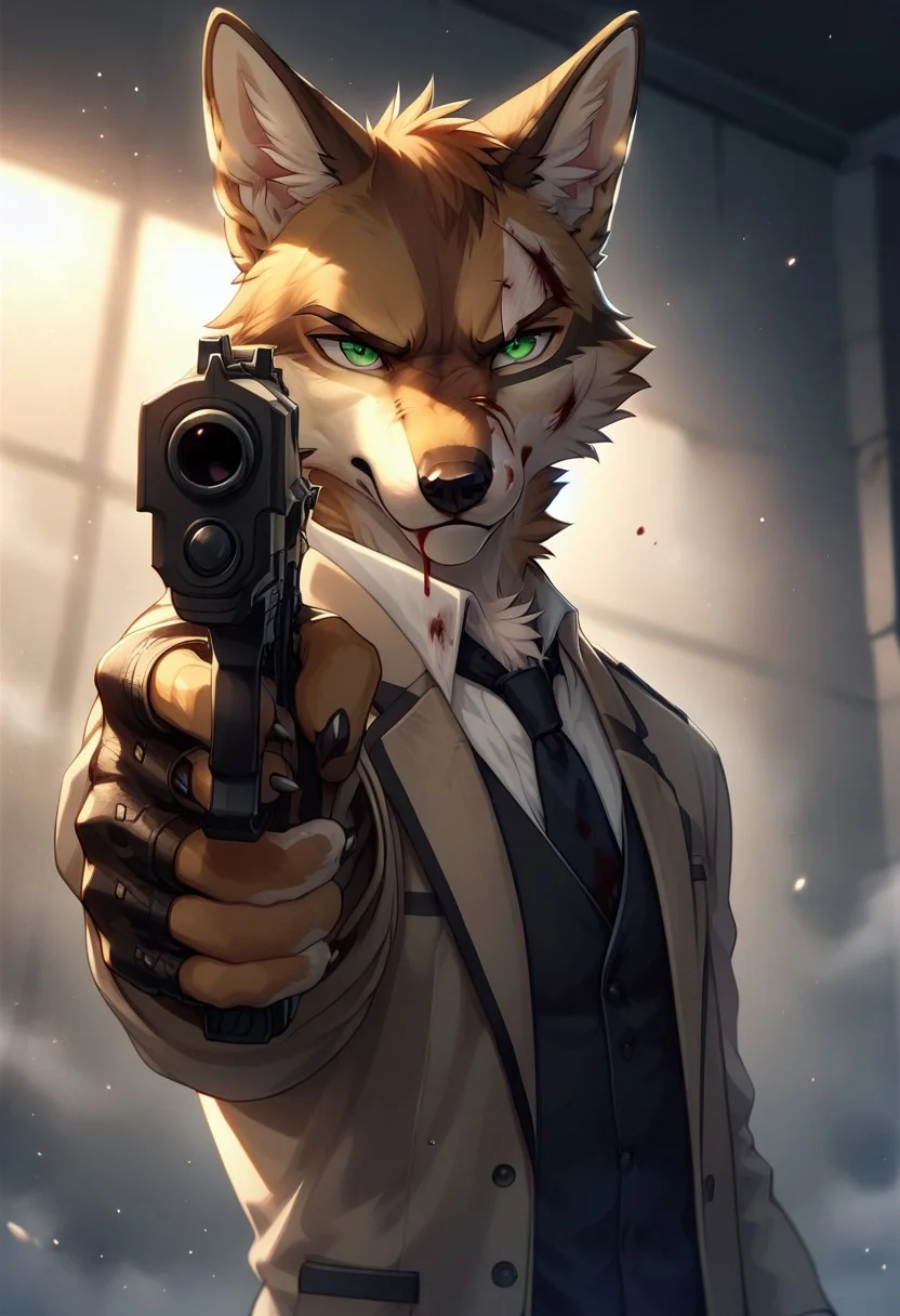 score_9, score_8_up, score_7_up, coyote, black nose, green eyes, animal ears, anthro, eyebrows, (male anthro coyote:1.3), chest tuft, fluffy chest, furry, furry anthro, solo, short auburn hair,
Tan suit jacket, white collared shirt, white sleeves, white shirt, brown vest, black tie, smokey environment,
holding_gun , handgun, pistol, aiming gun at viewer, aiming, 
angry, pained expression, hands, clothed, dutch angle, posing, from front, wounded, hurt, blood on clothes, blood on cheek, blood on mouth, bleeding out, gunshot, shooting, gunshot wound, bullet wound, looking at viewer, standing, 
BREAK
inside, on stage, speakeasy, band, spotlight, ambient light, shadows, cinematic, sn0wsk4u