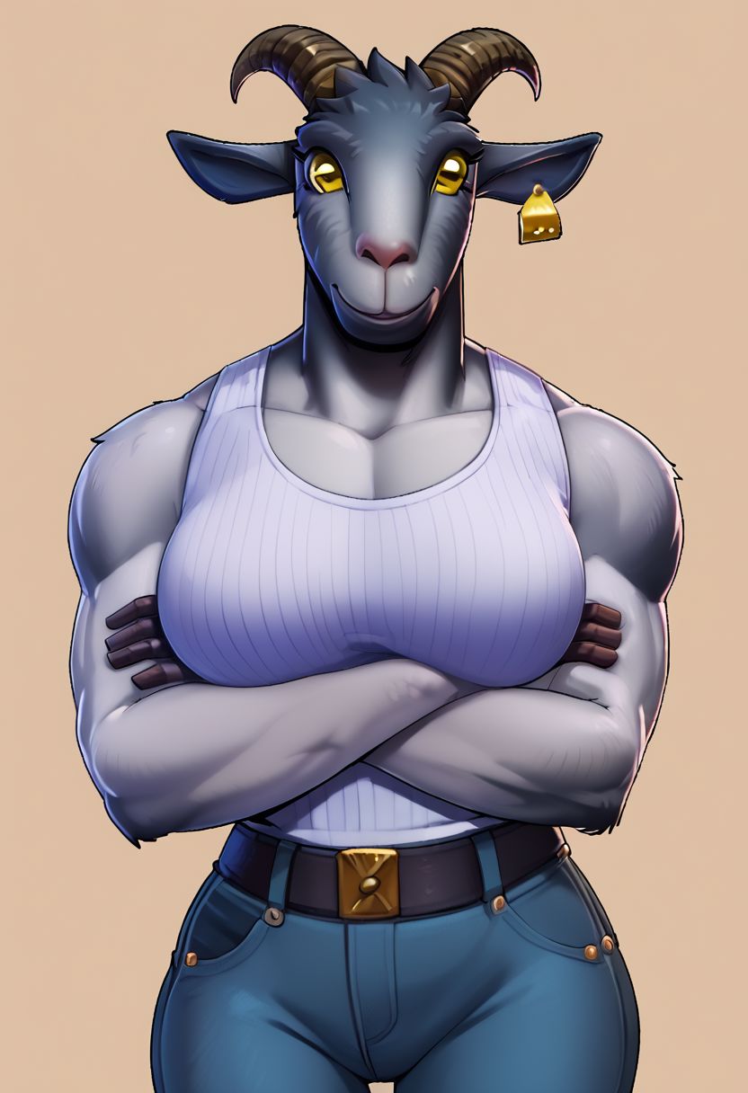 score_9,score_8_up,score_7_up, score_9, score_8_up, score_7_up, source_furry, Pilgor, goat, glowing yellow eyes, fortnite, grey fur, bodybuilder, furry, breasts,  white tanktop, zourik, by zourik, pilgor, 1dk, denim jeans, ng_deepnegative_v1_75t, crossing arms, looking at viewer