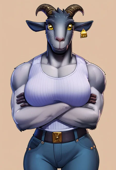 score_9,score_8_up,score_7_up, score_9, score_8_up, score_7_up, source_furry, Pilgor, goat, glowing yellow eyes, fortnite, grey fur, bodybuilder, furry, breasts,  white tanktop, zourik, by zourik, pilgor, 1dk, denim jeans, ng_deepnegative_v1_75t, crossing arms, looking at viewer