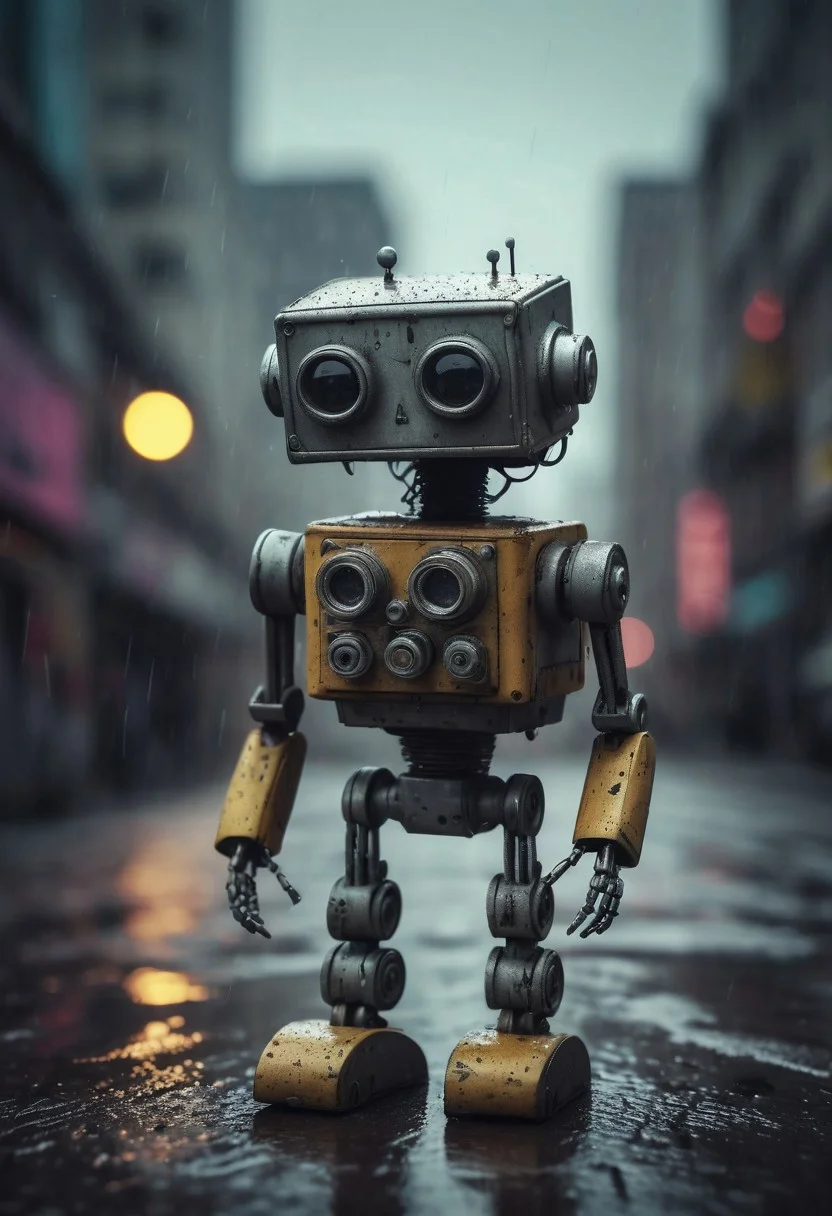 Small robot, rectangular body, flexible arms, treaded wheels, compact head, expressive binocular-like eyes, sad and curious appearance, heartbreaking, cute, heavy rain, very sad, lonely, lost place, cyberpunk, desaturated, vibrant colors, dramatic lighting, desaturated background, bokeh, dark theme, soothing tones, depth of field, dramatic backlighting, film grain,