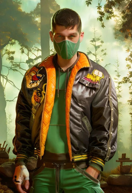 score_9, score_8_up, score_7_up, score_6_up, score_5_up, score_4_up, BREAK, solo, 1male, well built, skinny body type, twink, male focus, handsome, best aesthetic, quality focus on character, dynamic lightning, (realistic), 8K UHD, HDR, detailed face,
mood lighting,cinematic lighting,volumetric lighting,creative angle, upper body shot, standing on a rock road, forest background, beautiful sky, sunny day, colorful, looking at viewer, hands in pockets,
syzoth, human form, green eyes, green hoodie, short black hair, tattoos on hand, casual ninja outfit, black bomber jacket with patches on it, patches, green pants, black and orange sneakers with gloving green accent, belt, white fingerless gloves, urban style, green mask,
