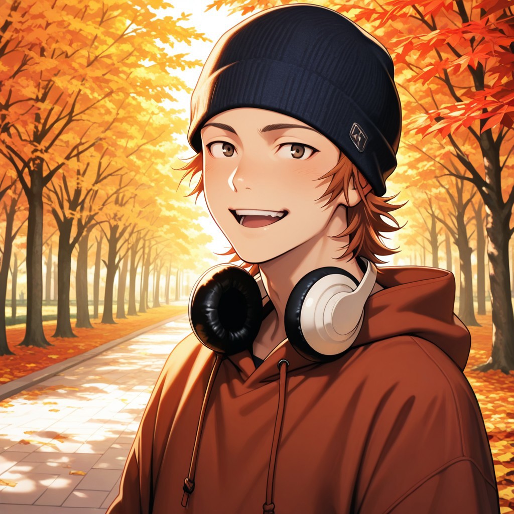 masterpiece, best quality, amazing quality, absurdres, newest, detailed background, definition so sharp, Ultra-HD, 8K cinematic, very awa, impressionate, amazing quality, highres, 
solo, male focus, manly, 
1boy, short hair, beanie, headphone around neck, misaki_orange hair, misaki_brown eyes, misakiyata, casual outfit, hoodie, bright lighting, park, autumn leaves, warm colors, lively, friendly, approachable, genuine happiness, looking at viewer, open mouth smile,