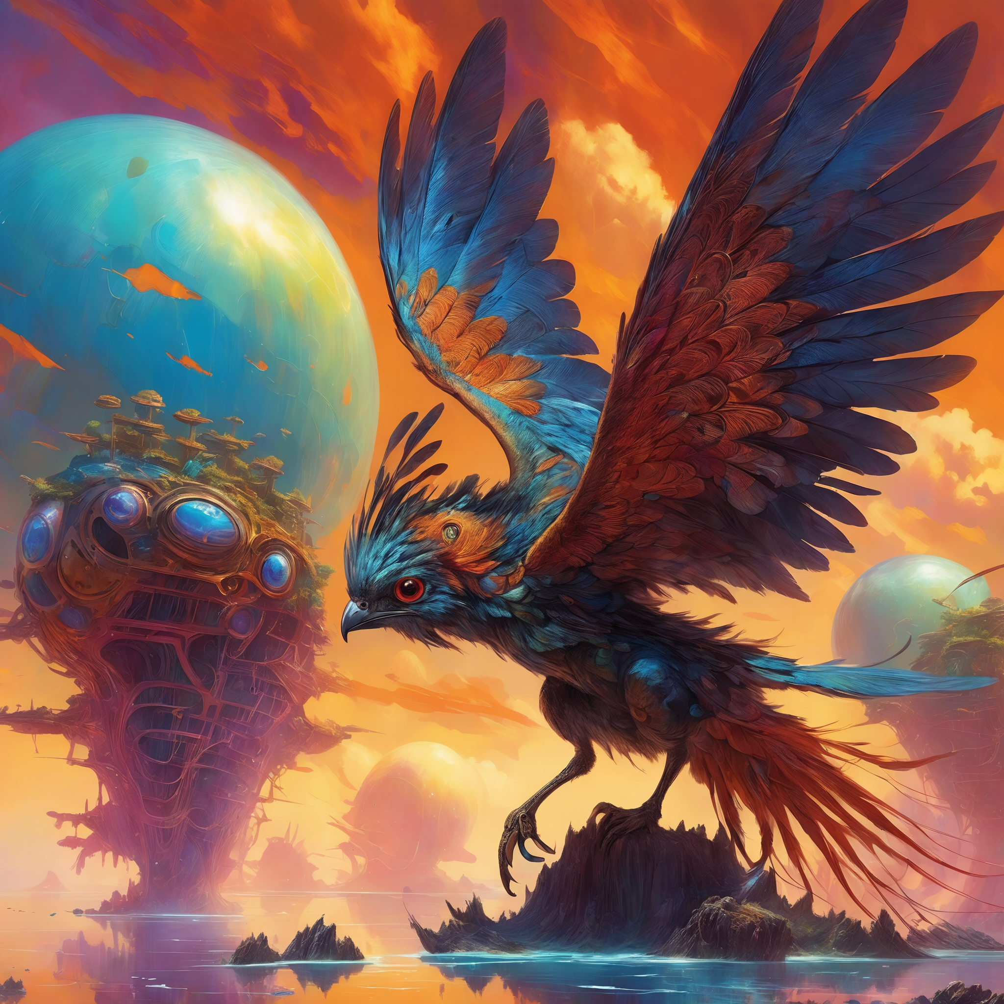 <lora:add-detail-xl:2.0>,  <lora:style-noah_bradley-xl:1.0>, noah bradley style, detailed expressive eyes, fantasy style, (fractal art:1.2), this otherworldly creature, the steampunk lubslinger with its pongfruddled feathery wings is well camouflaged amidst the vibrant zwengled (floating islands and sky-reefs:1.4) of the (exotic planet:1.2) yucky