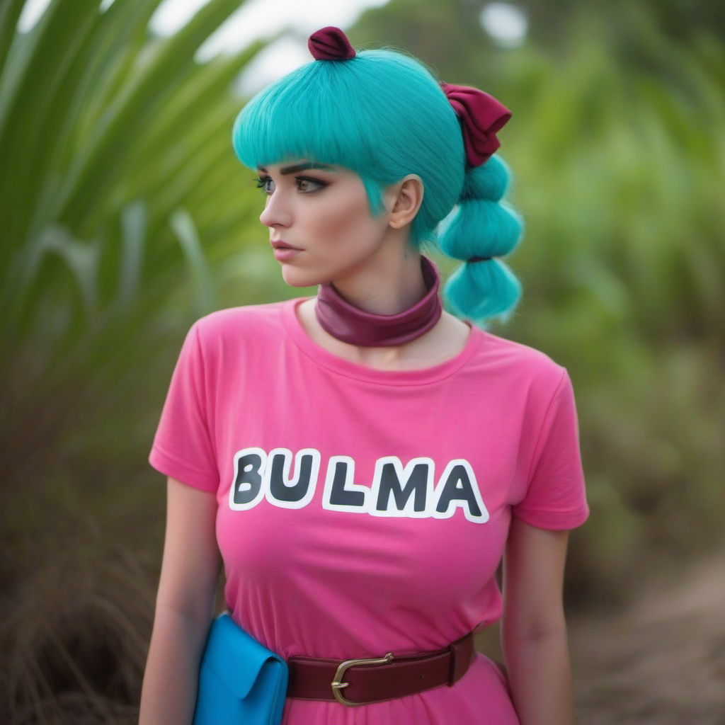 a woman with blue hair in a pink outfit, (((text ''BULMA''))), beach jungle <lora:Bulma1024:0.8>