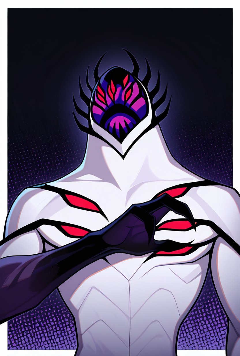 <lora:highbreed-06:1> highbreed, extra eyes, solo, alien, white skin, purple face, , monster, red eyes, black hands, , claws, black head spikes,, masterpiece, best quality, amazing quality, very aesthetic, absurdres, newest,, upper body, halftone effect, white borders, abstract background:1.2,