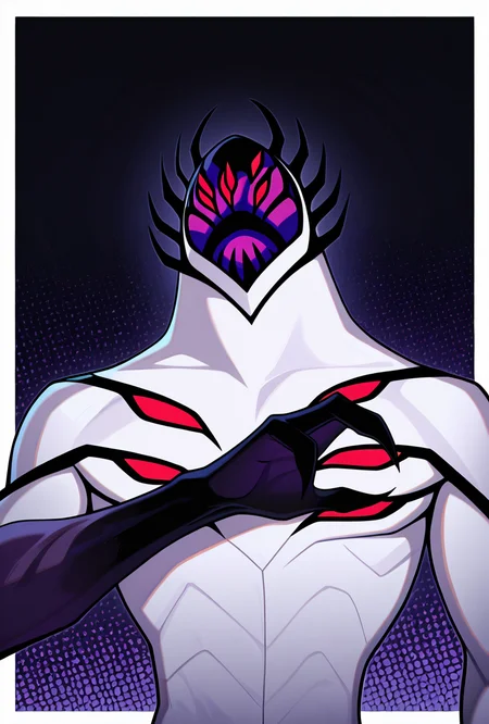 <lora:highbreed-06:1> highbreed, extra eyes, solo, alien, white skin, purple face, , monster, red eyes, black hands, , claws, black head spikes,, masterpiece, best quality, amazing quality, very aesthetic, absurdres, newest,, upper body, halftone effect, white borders, abstract background:1.2,