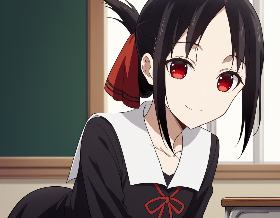 score_9, score_8_up, score_7_up, source_anime,
kaguyashinomiya, <lora:kaguya-shinomiya-s3-ponyxl-lora-nochekaiser:1>,
kaguya shinomiya, short hair, bangs, black hair, red eyes, hair ribbon, sidelocks, folded ponytail, parted bangs,
long sleeves, dress, ribbon, school uniform, collarbone, black dress, sailor collar, white sailor collar, red ribbon, neck ribbon, shuuchiin academy school uniform,
indoors, classroom, bent over, smile,
looking at viewer, cowboy shot, dutch angle, solo,