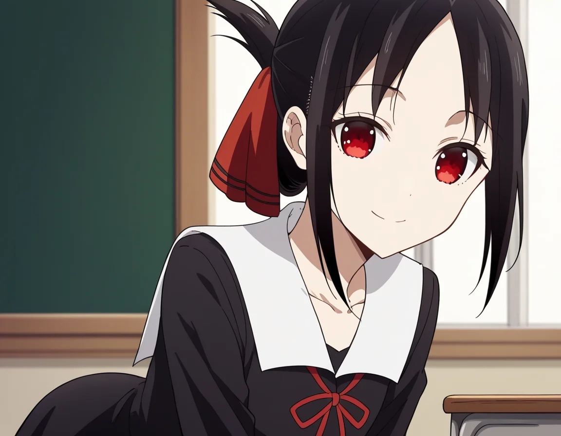 score_9, score_8_up, score_7_up, source_anime,
kaguyashinomiya, <lora:kaguya-shinomiya-s3-ponyxl-lora-nochekaiser:1>,
kaguya shinomiya, short hair, bangs, black hair, red eyes, hair ribbon, sidelocks, folded ponytail, parted bangs,
long sleeves, dress, ribbon, school uniform, collarbone, black dress, sailor collar, white sailor collar, red ribbon, neck ribbon, shuuchiin academy school uniform,
indoors, classroom, bent over, smile,
looking at viewer, cowboy shot, dutch angle, solo,