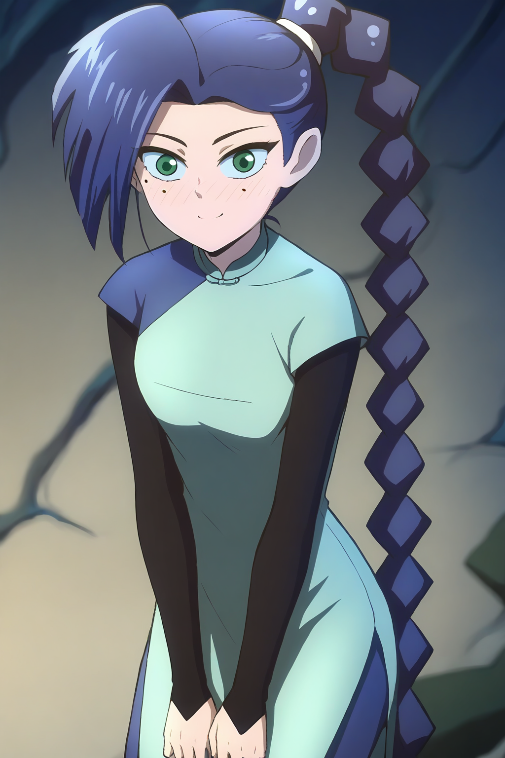 <lora:meihuashisan:1>,meihuashisan,1girl,solo,long hair,blue hair,mole,mole under eye,green eyes,
layered sleeves,short over long sleeves,braided ponytail,long sleeves,dress,blue dress,chinese clothes,braid,single braid,
smile,blush,light_blush,looking at viewer,, masterpiece,best quality,amazing quality,absurdres, anime screenshot, lazypos ,
