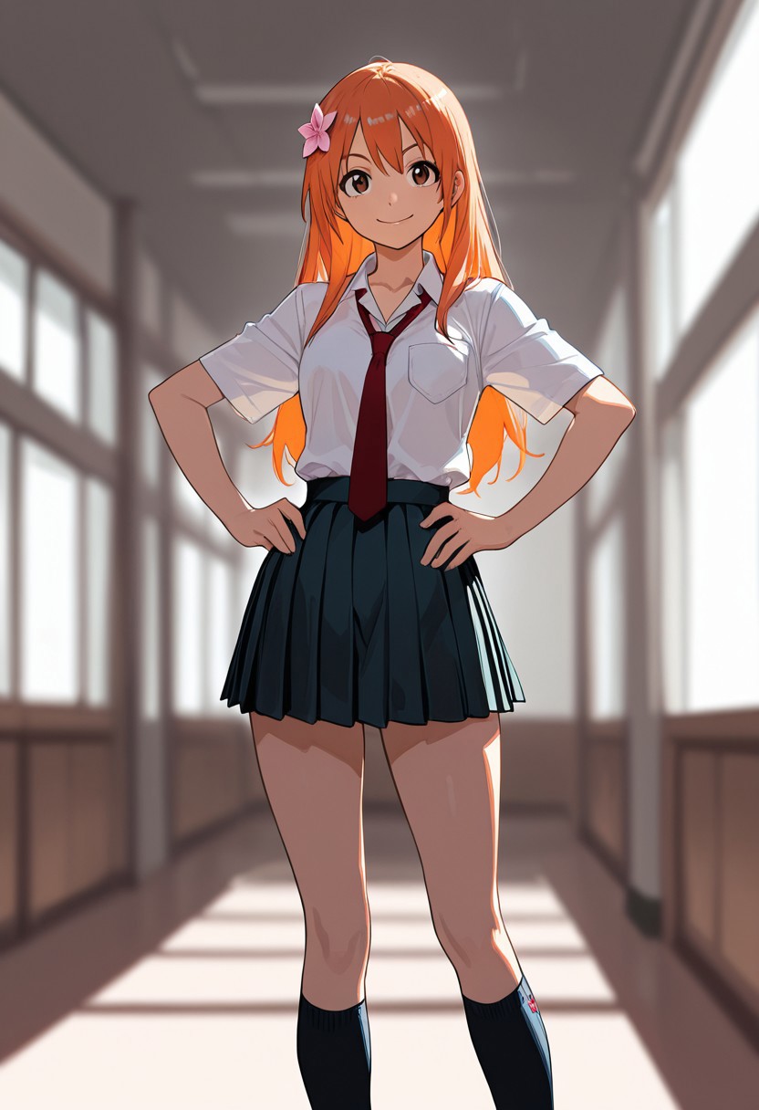 upper body , yukahana,hairflower,bezzschooloutfit,1girl
solo,skirt,necktie,school uniform,socks,long hair
smile,hands on hips,hair ornament,orange hair,pleated skirt,kneehighs
, impressionism 1.5, high detail, depth of field, blurred background, dramatic lighting,masterpiece, best quality, very aesthetic,8k,masterpiece, best quality