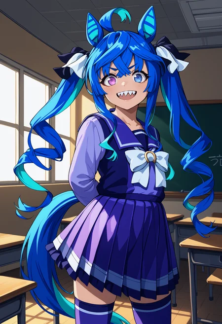 score_9, score_8_up, score_7_up, source_anime, <break> solo, 1girl, tw1nturb0, horse tail, sharp teeth, smile, looking at you, standing, arms behind back, two-tone hair, blue hair, aqua hair, ahoge, crossed bangs, twintails, hair ribbon, animal ears, heterochromia, purple eyes, blue eyes, @ @, wintertracen, school uniform, purple serafuku, purple shirt, sailor collar, white bow, long sleeves, purple skirt, pleated skirt, purple thighhighs, indoors, classroom
<segment:yolo-face_yolov8m.pt,0.4,0.5//cid=1>