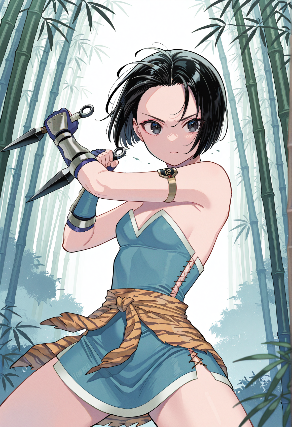 1girl, short hair, black hair, black eyes, short dress, cross-laced clothes, clothes around waist, tiger print, armlet, fingerless gloves, solo, outdoors, serious, holding kunai, fighting stance,  bamboo forest, <lora:Mizuki_siv:1>, masterpiece, best quality, amazing quality, very aesthetic, absurdres, highres, newest