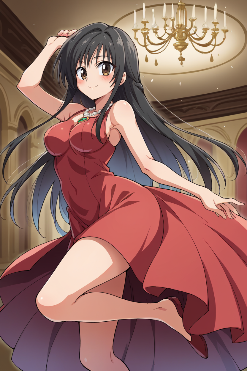 score_9, score_8_up, source_anime, BREAK 1girl <lora:kotegawayui-pdxl-nvwls-v1:1> kotegawayui, long hair, red dress, lace trim, medium breasts, dancing, ballroom, chandelier, blush, smile, necklace