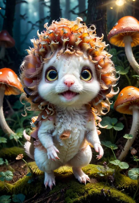 Mix the mushrooms, mouse and curly fur to create adorable magical creature with big glowing eyes, masterpiece, Surrealism, close-up, macro photo, f/1.2, backlighting, Albert Edelfelt, multicolored hair