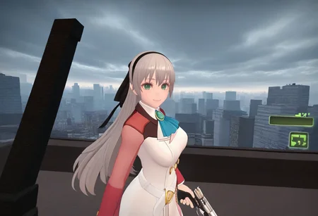 masterpiece, best quality, solo, 1girl, smile, looking at viewer, <lora:left4dead2-Style-illus_Fp:1>, 3d, outdoors, cityscape, cloudy sky, gameplay mechanics, holding gun, heads-up display, elie macdowell, black hairband, hair ribbon, long hair, blue ascot, uniform, long red sleeves, white dress,