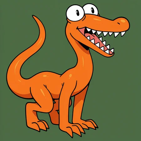 masterpiece, best quality, amazing quality, very aesthetic, absurdres, solo, adorable, anthro, cartoony, lizard, long curved tail, bipedal raptor body, thin long neck, long snout with underbite, sharp white teeth, orange body