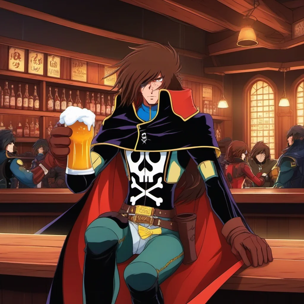 anime artwork a full body man, solo, cape, brown hair, scar, black gloves, having a beer in a spaceopera tavern<lora:Albator1024_r1:0.8> . anime style, key visual, vibrant, studio anime, highly detailed