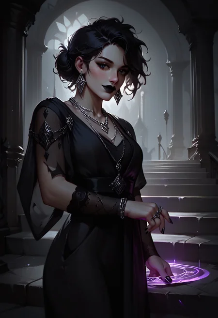 score_9, score_8_up, highly detailed, score_7_up, easynegative, concept art, realistic, dark theme, perfect quality, highly detailed, low light, face focus, anatomically perfect, handfixer
cowboy shot, gothic fantasy style, wide gothic grey marble staircase, outdoor scene,
1girl, 30 years old woman, tall regal figure, slender body, angelic beauty, pale skin, barefoot, slightly torn elegant long black robes, holes in robe, dark black messy hair, waist length hair, sharp nose, diamond nose stud, dark eyes, almond shaped eyes, black nail polish, standing at top of the staircase, black lipstick, soft smile, silver ring with ruby stone, silver diamond earrings, silver necklace with ruby medallion, looking at viewer, holding purple magical runes in each hand, Glowing Runes, Glowing Rune Circle
