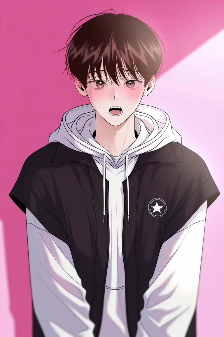 masterpiece, best quality, amazing quality, very aesthetic, high resolution, ultra-detailed, absurdres, newest, scenery, volumetric lighting, depth of field,anime screencap, , , 1boy, solo, male focus,<lora:yoil:0.90>,won yo il,dark brown hair,brown eyes,short hair,looking at viewer, blush, open mouth, long sleeves,vest, upper body, open clothes, teeth,tear filled, hood, open vest, black vest, hoodie, pink background, hood down, white hoodie