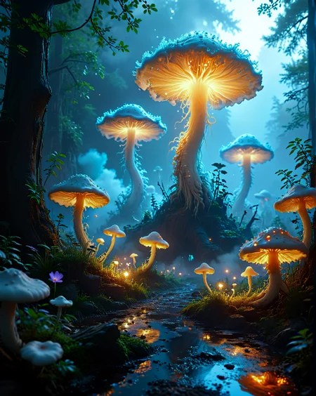 Fungal Fantasy: (bioluminescent mushrooms), (mycelium networks), (spore clouds), (organic towers),Void midnight canceling electromagnetic spectrum, Summer wildfire regrowth of pyroclastic flora Frozen music garden with ice-formed instruments under Baked lighting hail caching global illumination conditions, illuminated by Quantum superposition shadows in uncertainty mazes,  beneath Cirrus fibratus radiatus converging at quantum computer hub where chaos janitors cleaning dragon bone landfills,
<lora:extremely_detailed:0.5> extremely detailed,
<lora:Flux-XL_Scenery:0.6> flux-scenery, 
<lora:add-detail-xl:0.4>,
 <lora:DetailMaximizer:0.4>, 
<lora:MidjourneyV6.1:0.4> midjourneyv6.1,
 <lora:Dream Scenery XL:0.35> Dream Scenery,
 detailxl