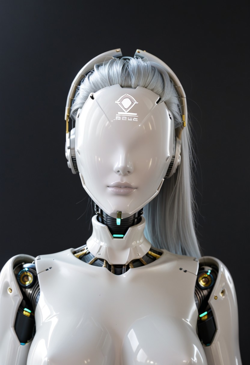 A 35mm photo of a beautiful robotic woman, she has a faceless robotic head, robot, silver hair, smooth metallic featureless feminine body
no face