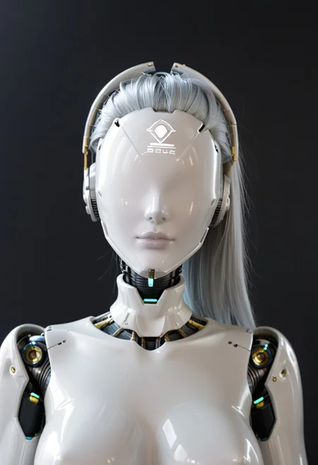 A 35mm photo of a beautiful robotic woman, she has a faceless robotic head, robot, silver hair, smooth metallic featureless feminine body
no face