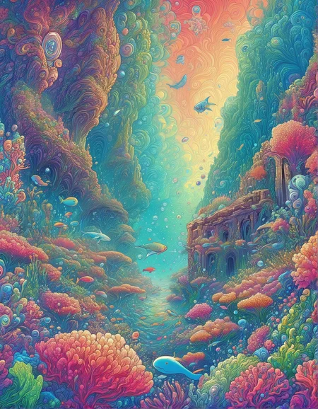 trippy artwork, illustration, abstract, vibrant, underwater, fantasy coral reef, colorful coral, fish, whales, kelp, aquatic vegetation, ancient ruins, rocks, bubbles, high contrasts