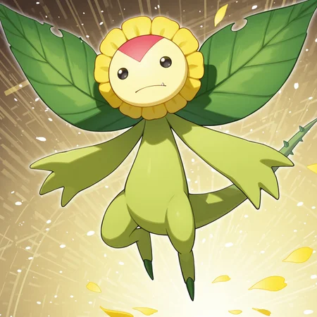 2d, solo, Sunflowmon, Digimon (creature), flora fauna, flower creature, no sclera, black eyes, simple eyes, bipedal, flower head, yellow petals on head, green body, tail, tail spikes, leaf wings, single fang
BREAK full body, looking at viewer, abstract background
BREAK best quality, amazing quality, very aesthetic, absurdres, newest, masterpiece, high quality