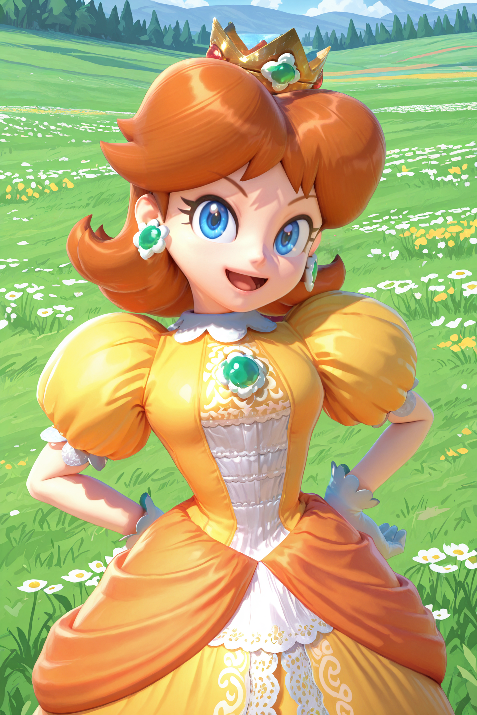<lora:SSBU_Princess_Daisy-15:1>
2d, anime screencap, ssbu_princess_daisy, 1girl, brown hair, blue eyes, jewelry, gloves, earrings, crown, tiara, puffy shoulders, orange dress,
amazing quality,very aesthetic,absurdres,newest,
outdoors, meadow, looking at viewer,  smile, :D