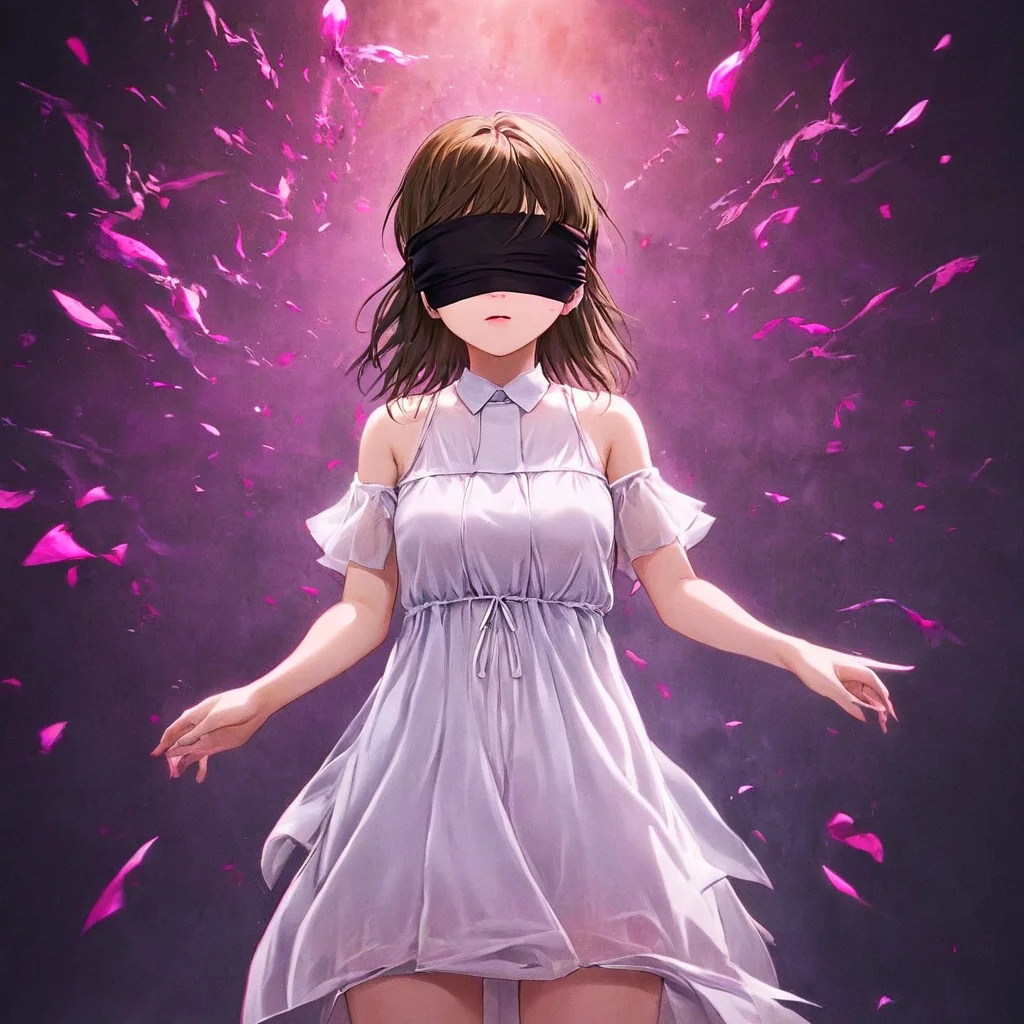 1girl, Mitsuko <lora:Mitsuko SDXL:1>, blindfolded, white dress, best quality, dark and corrupted background