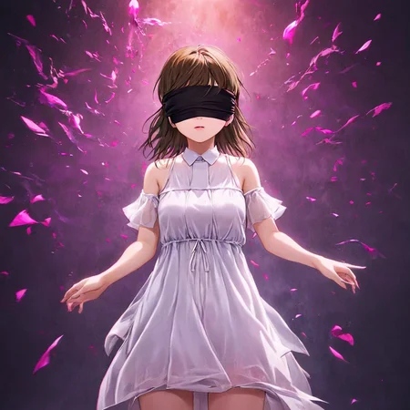 1girl, Mitsuko  <lora:Mitsuko SDXL:1>, blindfolded, white dress, best quality, dark and corrupted background