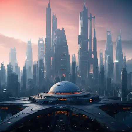 scenery, skyscraper, outdoors, cityscape, cloud, science fiction, no humans, building, spacecraft, cloudy sky