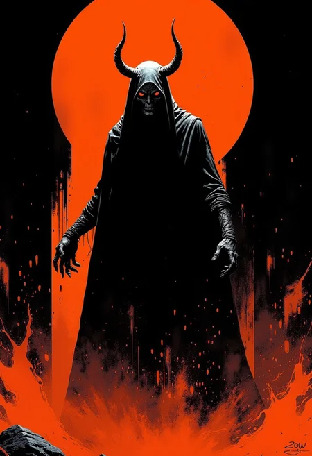 Styled by Katsuhiro Otomo, dark orange true evil. (necronomecon, demon lurking in the dark), creepy, (minimalism 1), ray tracing details in the style of Stephen Gammell.