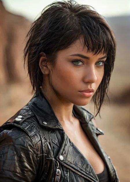 Photo, masterpiece, best quality, dramatic angle, Photo, masterpiece, best quality, dramatic angle, art by luis royo:1.5, cyberpunk fantasy, masterpiece, closeup portrait, daylight, 1girl, (side-view), sexy voluptuous girl, short hair, black hair, leather jacket with tank top, baddass face, leather pants, Green eyes, seductive, posing, black leather belt, mountain background, sweaty, arm tattoos, looking at viewer, sit on a motorbike trail, side portrait (breasts), direct gaze, grey mountain, <lora:mjv6:0.6> <lora:MS_KMXD_SDXL_V1:1> , intricate details, cinematic, good lighting, vibrant colors, (high quality texture), (sharp), (artistic image), 8K, detailed, dynamic, depth of field, intricate, <lora:add-detail-xl:0.8>, intricate details, cinematic, good lighting, vibrant colors, (high quality texture), (sharp), (artistic image), 8K, detailed, dynamic, depth of field, intricate, <lora:add-detail-xl:0.8>